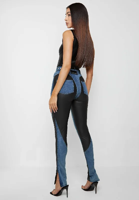 Vegan Leather Contour Skinny Jeans - Blue