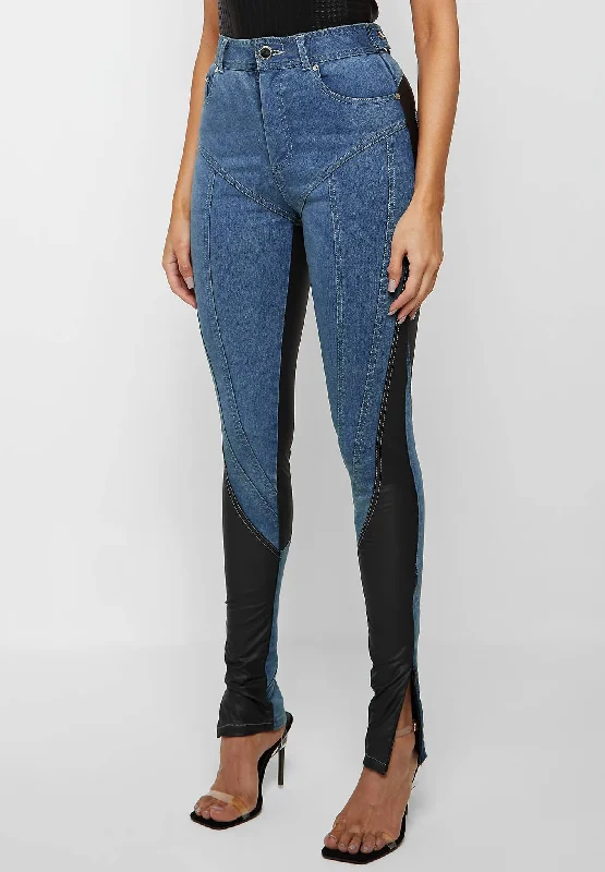 Vegan Leather Contour Skinny Jeans - Blue