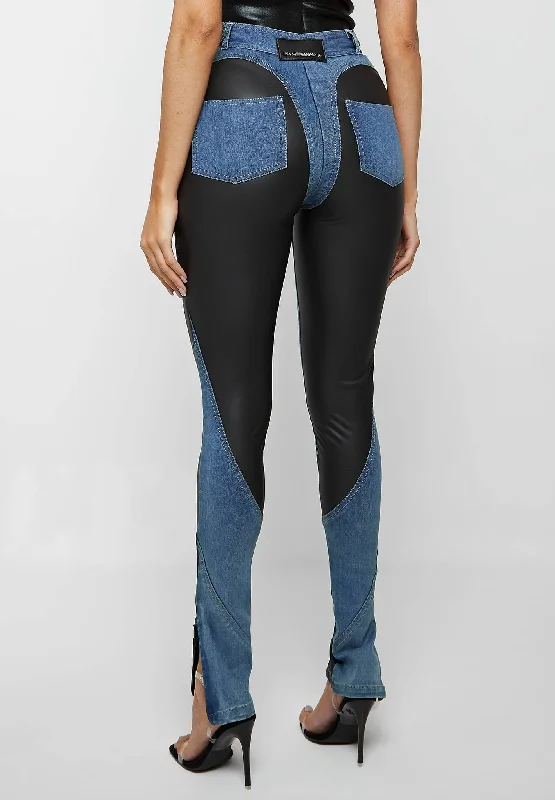 Vegan Leather Contour Skinny Jeans - Blue