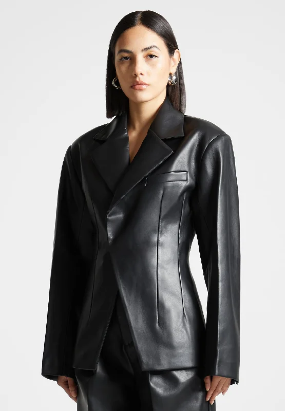 Vegan Leather Double Breasted Blazer - Black