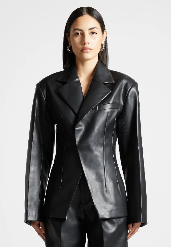 Vegan Leather Double Breasted Blazer - Black