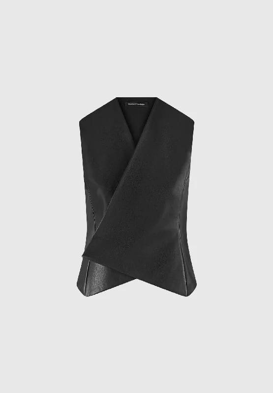 Vegan Leather Wrap Waistcoat - Black