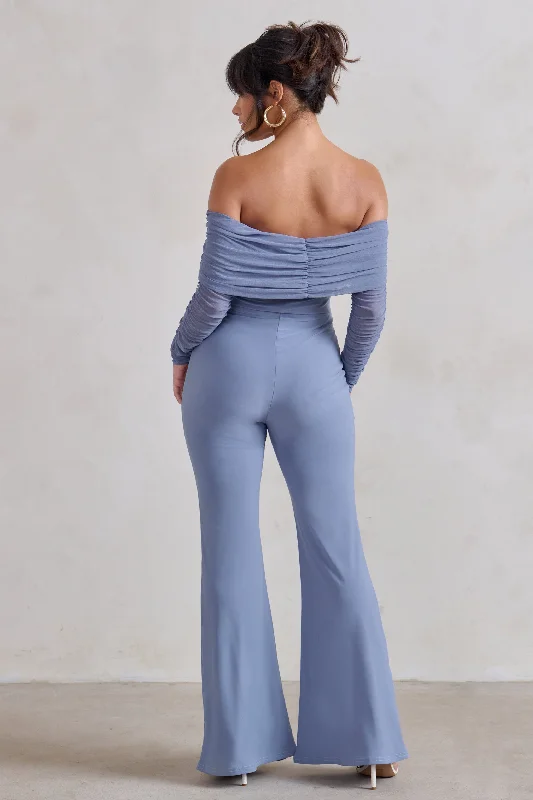 Whisper | Ice Blue Ruched Mesh Bardot Jumpsuit