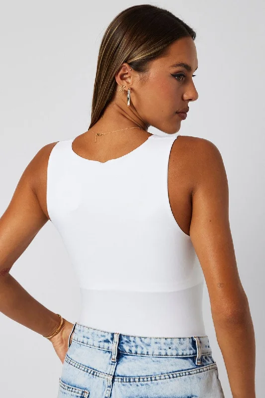 White Bodysuit Sleeveless Crew Neck Seamless