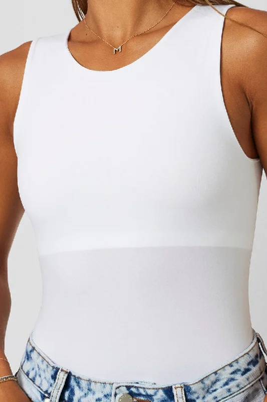 White Bodysuit Sleeveless Crew Neck Seamless