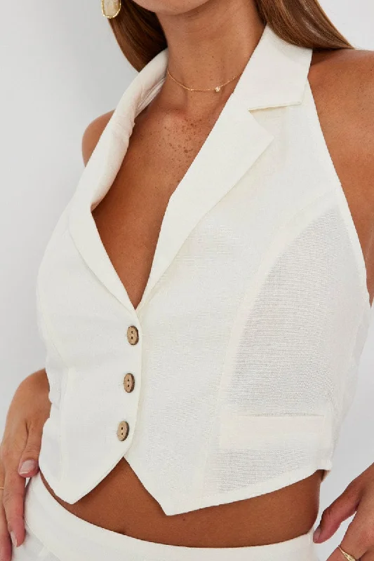 White Button Top Through Collared Vest Top