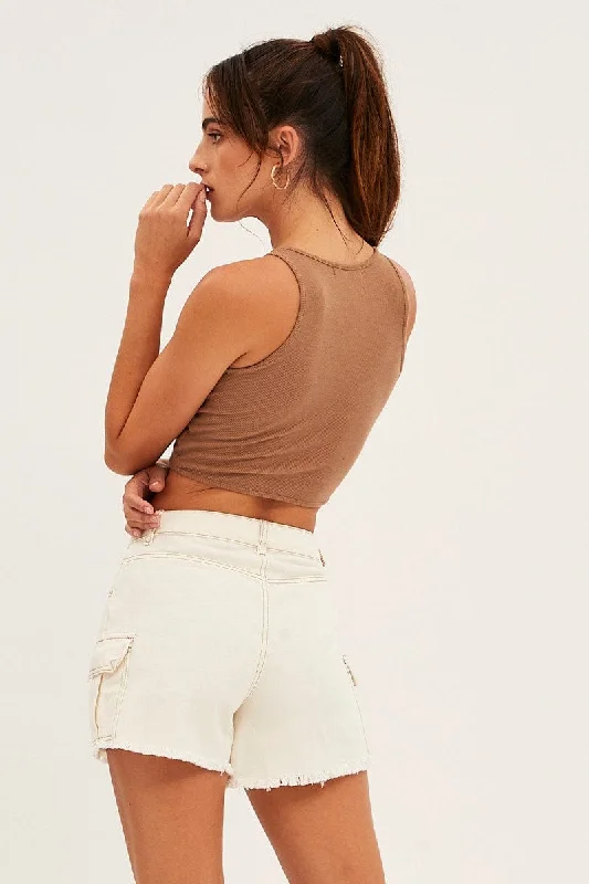 White Cargo Denim Shorts High Rise