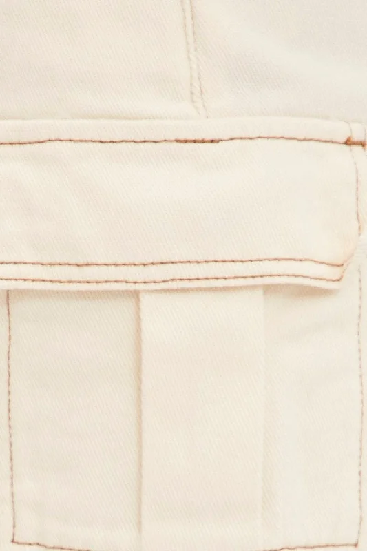 White Cargo Denim Shorts High Rise