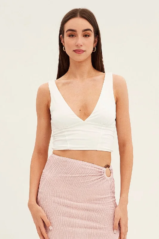 White Corset Detail Top Sleeveless Crop Slinky Jersey