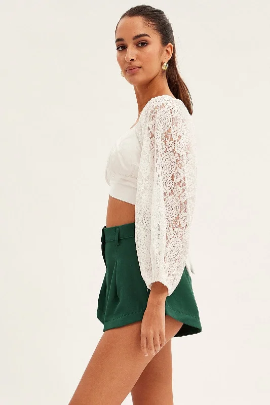 White Crop Top Long Sleeve Sweetheart Neckline Lace