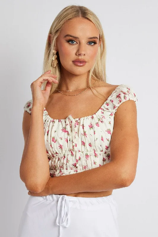 White Ditsy Crop Top Short Sleeve