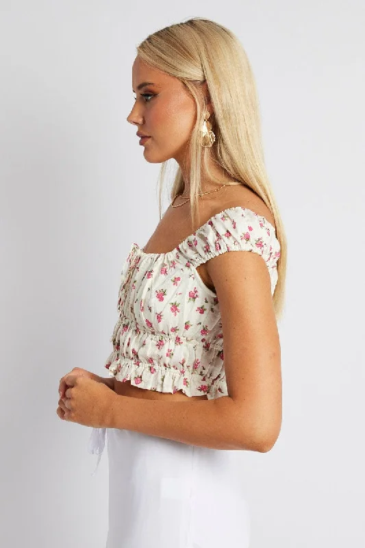 White Ditsy Crop Top Short Sleeve