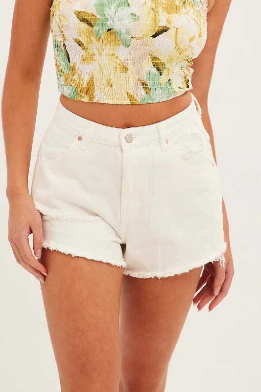 White Relaxed Denim Shorts High Rise