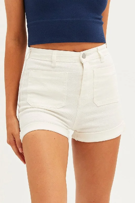 White Skinny Denim Shorts High Waist Out Pocket