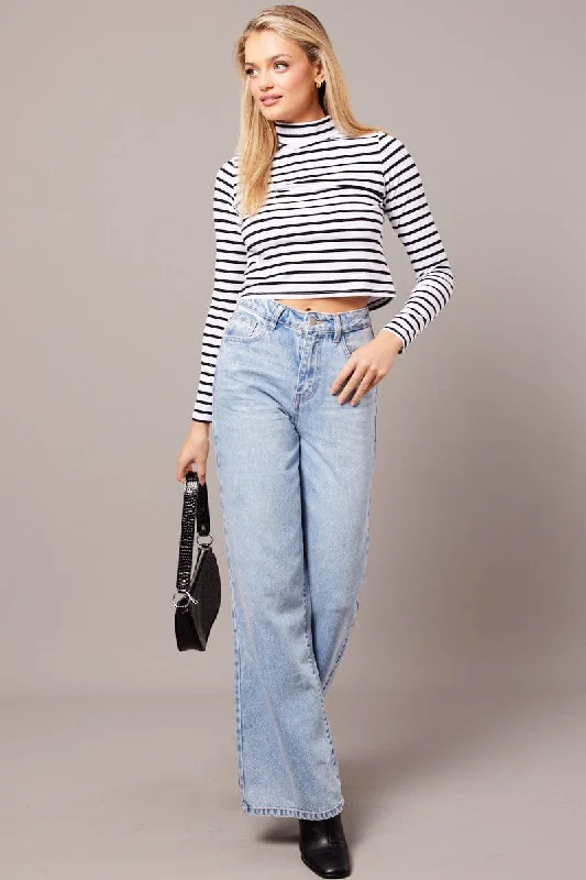 White Stripe Top Long Sleeve High Neck