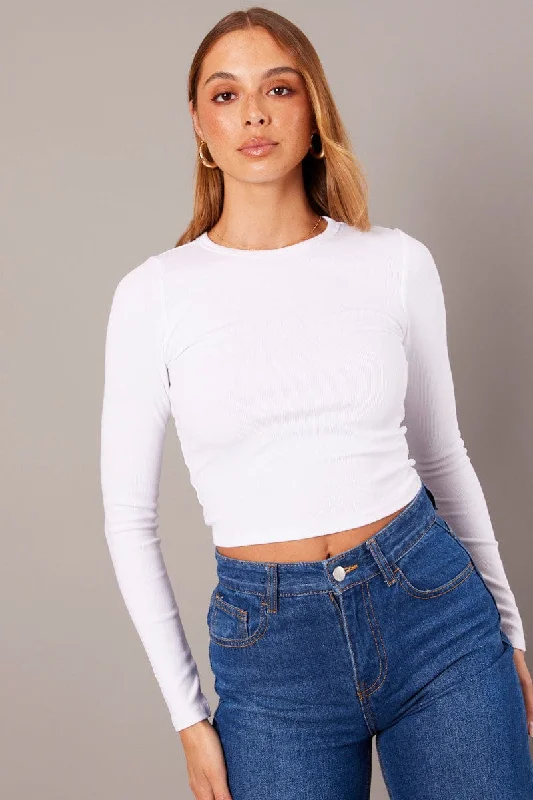 White Top Long Sleeve Round Neck Rib Jersey