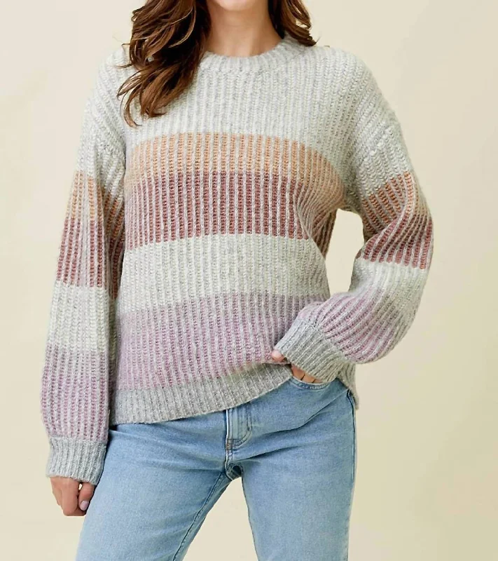 Women's Mixed Color Puff Sleeve Color Blocked Sweater In Light Grey