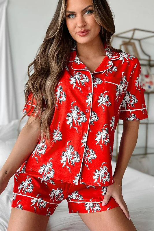 Dreams Of Love Silky Printed Pajama Set (Red)