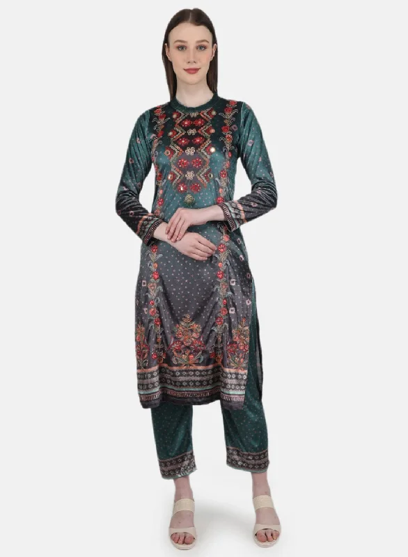 Women Green Kurti+Lower Set for Winter