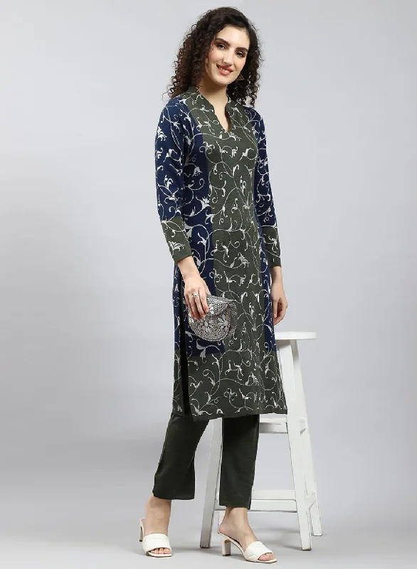 Women Green Self Design Kurti+Lower Set for Winter