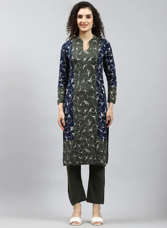 Women Green Self Design Kurti+Lower Set for Winter