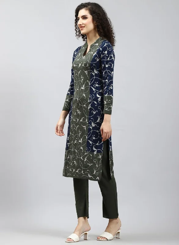 Women Green Self Design Kurti+Lower Set for Winter