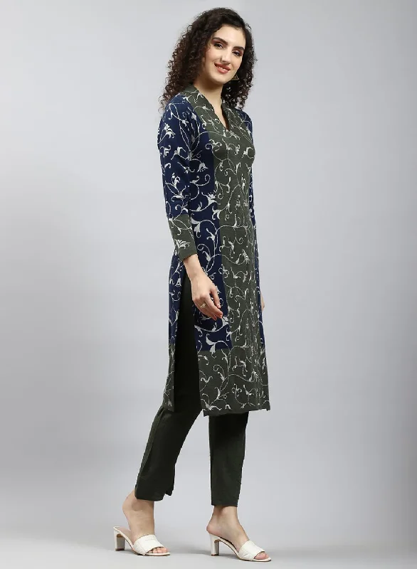 Women Green Self Design Kurti+Lower Set for Winter