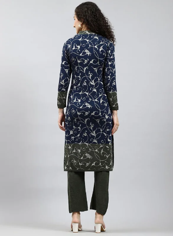 Women Green Self Design Kurti+Lower Set for Winter