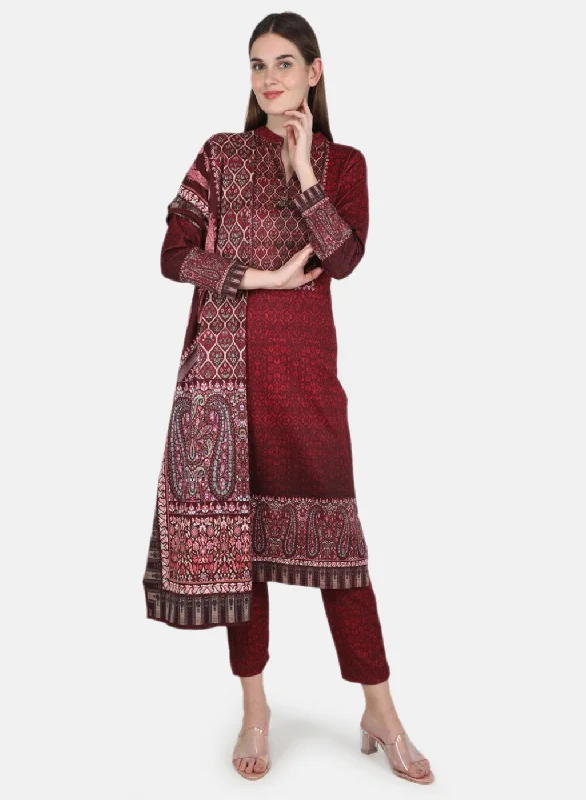 Women Maroon 3 Pc set (Kurti+Stole+Lower) for Winter