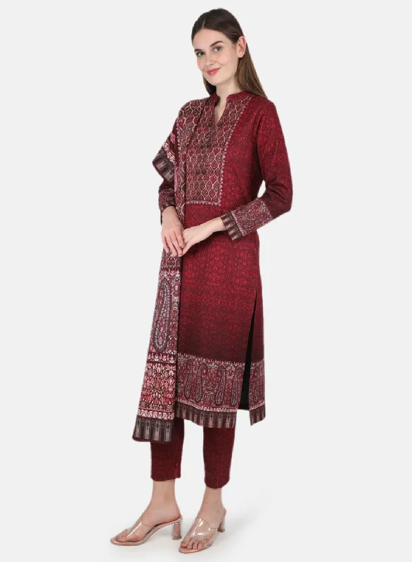 Women Maroon 3 Pc set (Kurti+Stole+Lower) for Winter