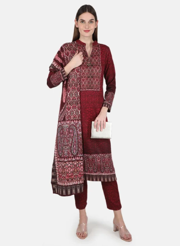 Women Maroon 3 Pc set (Kurti+Stole+Lower) for Winter