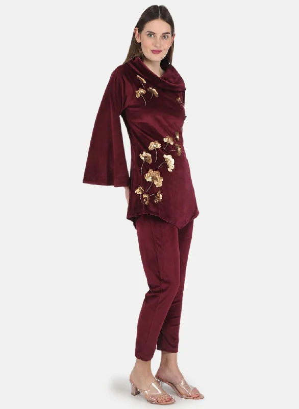 Women Maroon Self design CoordiNAte Set