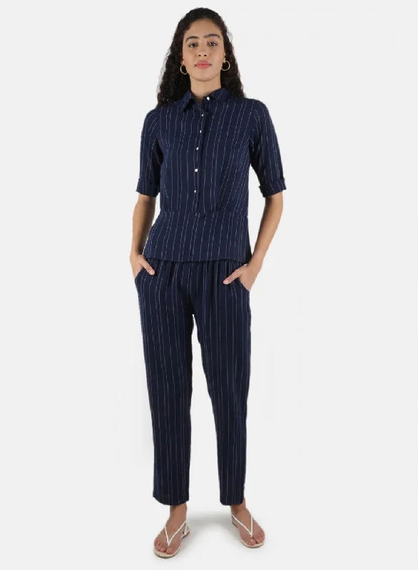 Women Navy Blue Stripe Coordinate Set