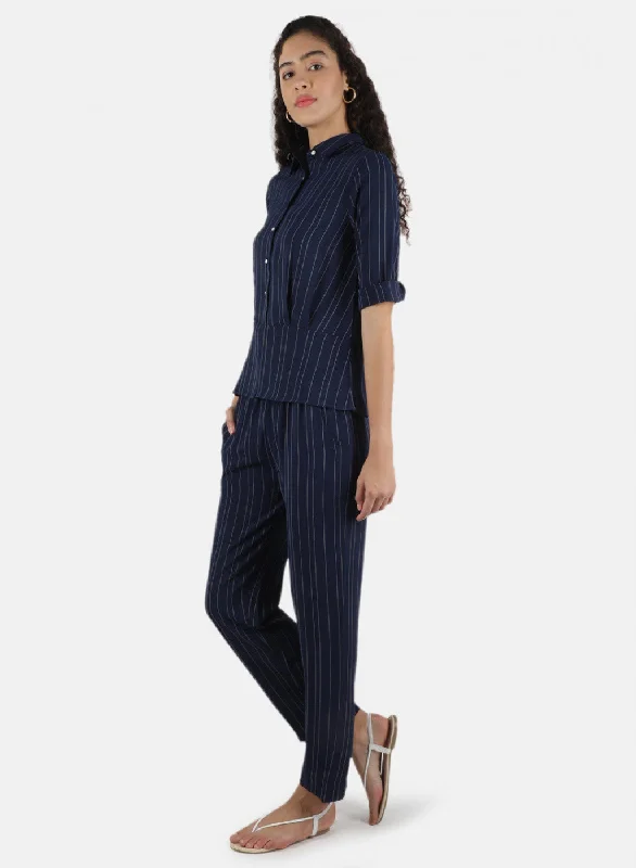 Women Navy Blue Stripe Coordinate Set