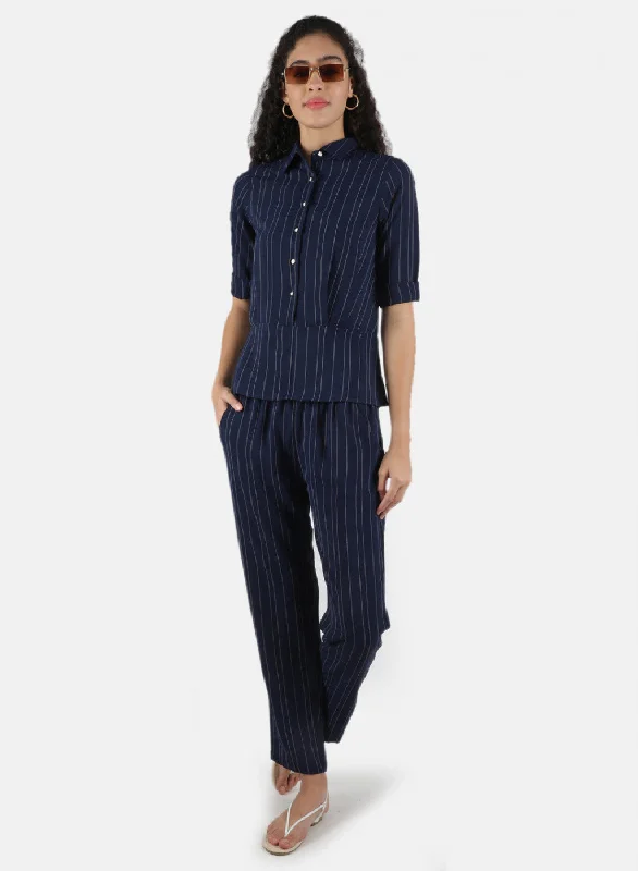 Women Navy Blue Stripe Coordinate Set