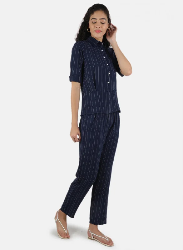 Women Navy Blue Stripe Coordinate Set