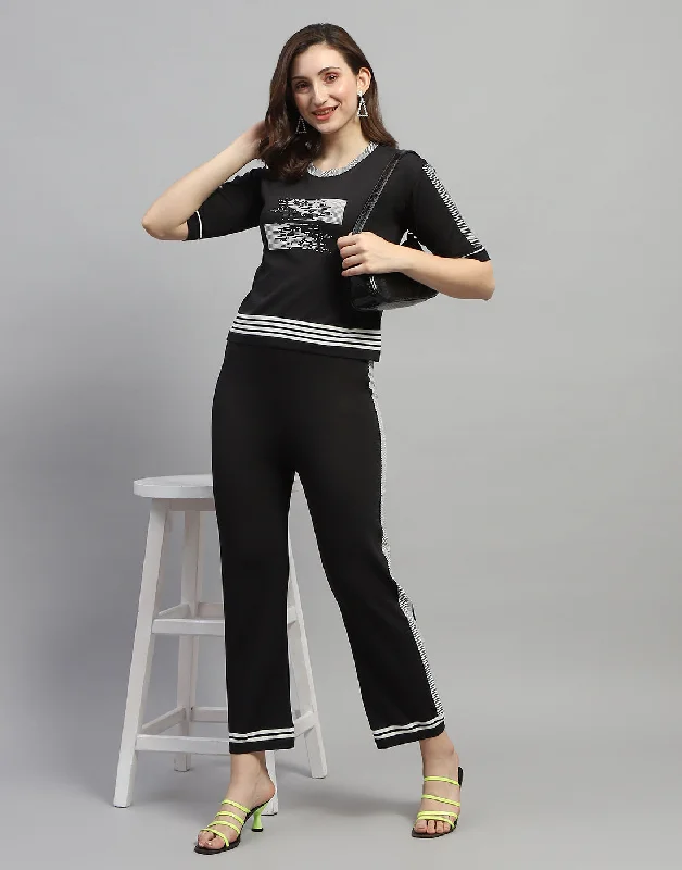 Women Black Self Design Round Neck Half Sleeve Cords Set