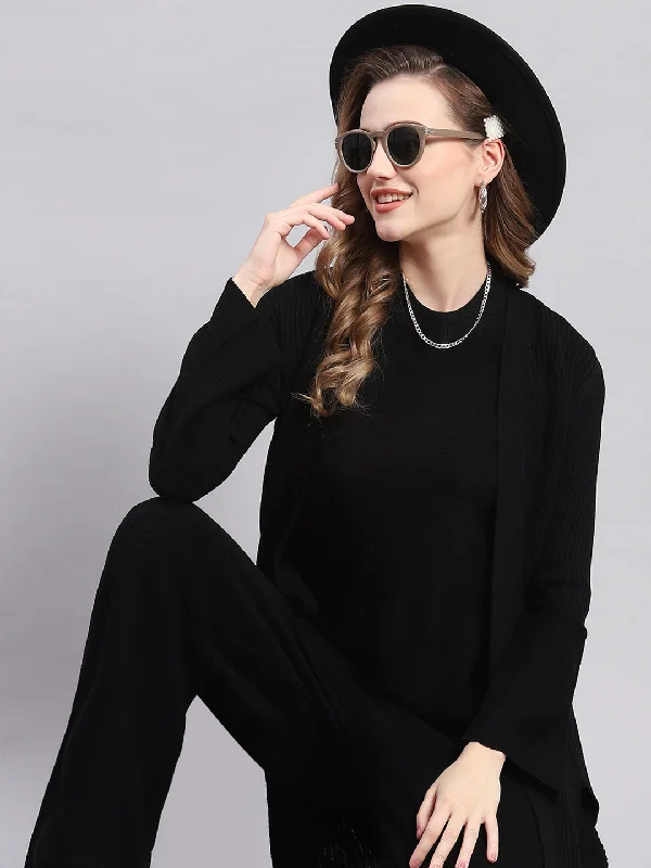 Women Black Self Design Round Neck Full Sleeve Cords Set