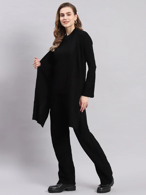 Women Black Self Design Round Neck Full Sleeve Cords Set