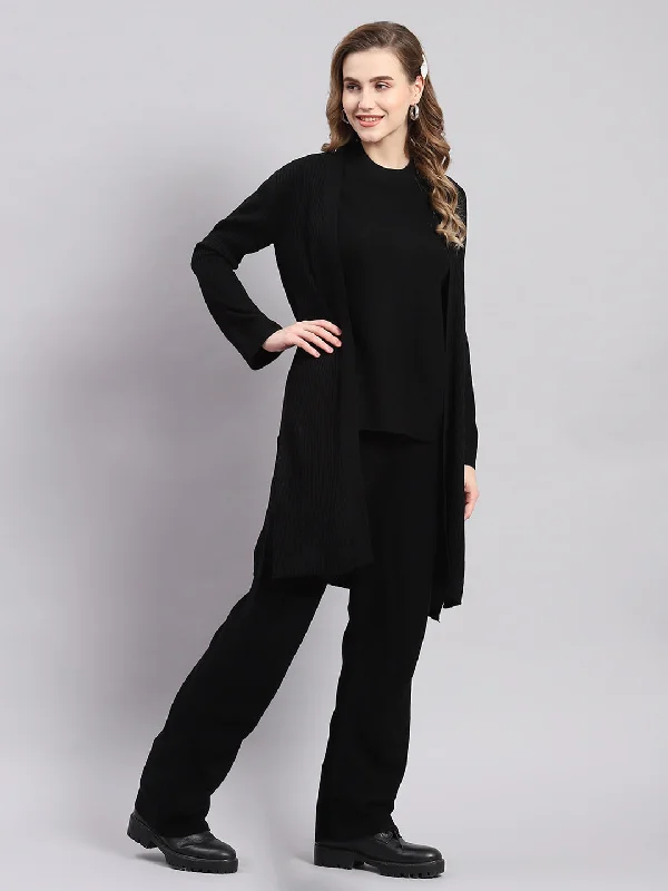 Women Black Self Design Round Neck Full Sleeve Cords Set