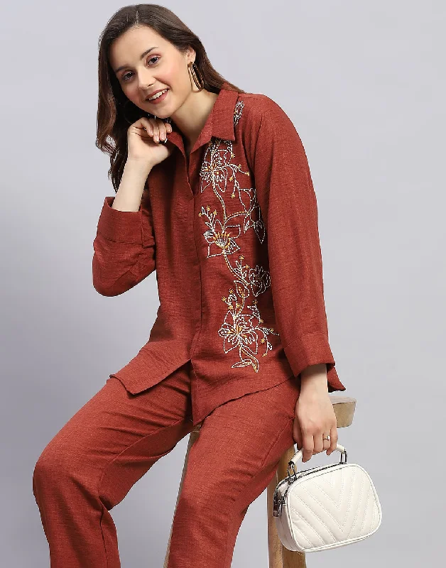 Women Brown Floral Print Collar Neck Full Sleeve Cords Set