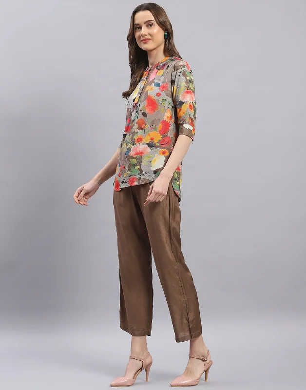 Women Brown Printed Mandarin Collar Half Sleeve Cords Set