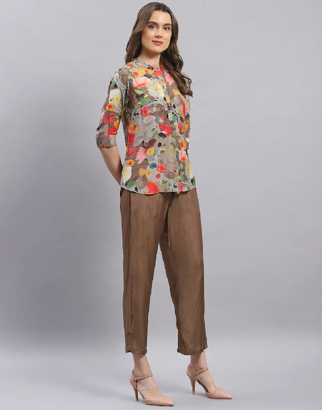 Women Brown Printed Mandarin Collar Half Sleeve Cords Set