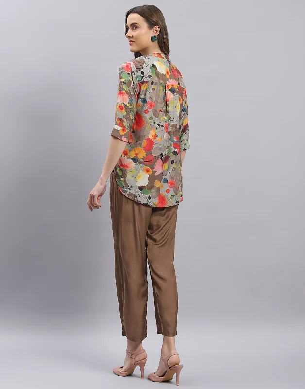 Women Brown Printed Mandarin Collar Half Sleeve Cords Set