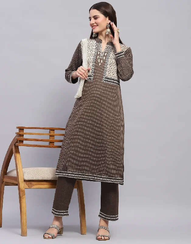 Women Brown Self Design Mandarin Collar Full Sleeve Kurtis + Lower Set