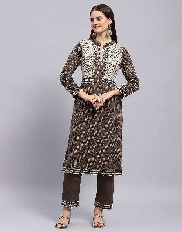 Women Brown Self Design Mandarin Collar Full Sleeve Kurtis + Lower Set