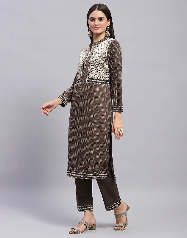 Women Brown Self Design Mandarin Collar Full Sleeve Kurtis + Lower Set