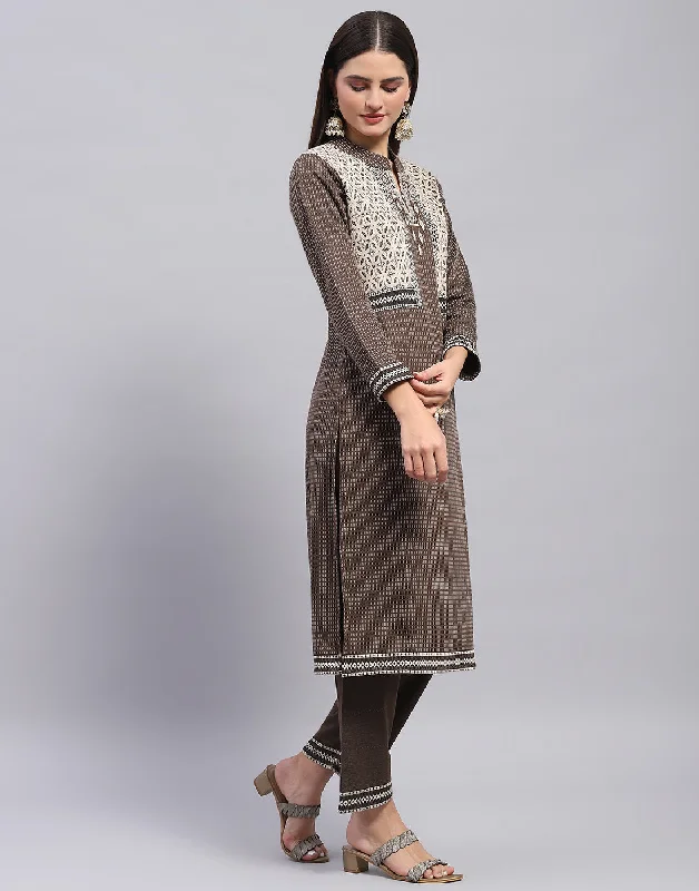 Women Brown Self Design Mandarin Collar Full Sleeve Kurtis + Lower Set