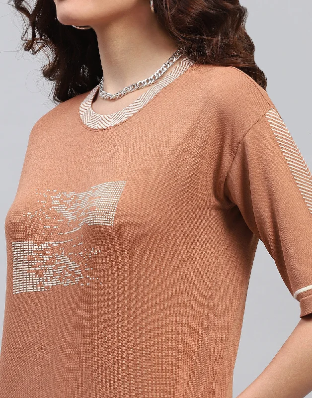 Women Brown Self Design Round Neck Half Sleeve Cords Set