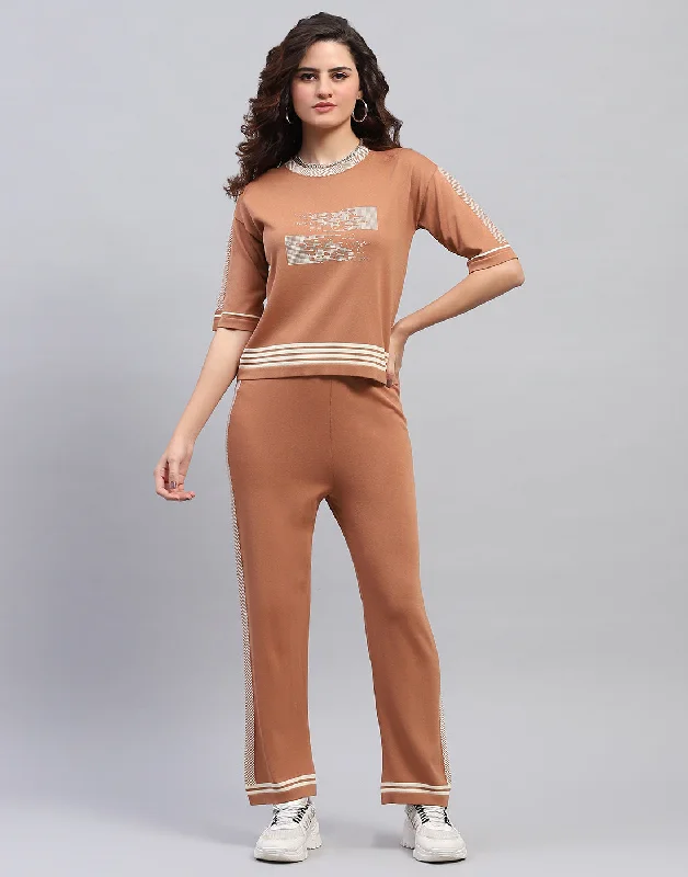 Women Brown Self Design Round Neck Half Sleeve Cords Set